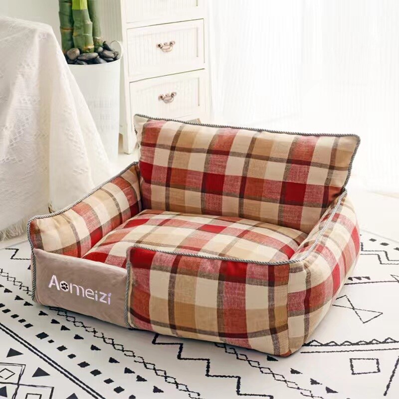 Square lattice pet bed with Detachable washable Double-sided cotton pad