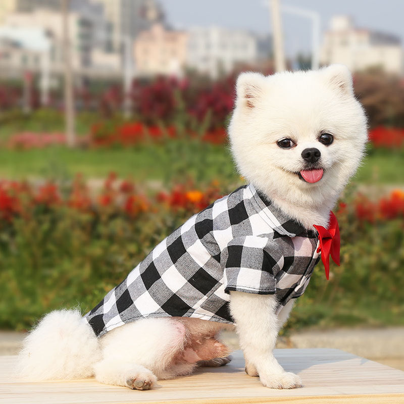 Bowtie Dog T-Shirts Classical Plaid Thin Breathable Summer Vest.