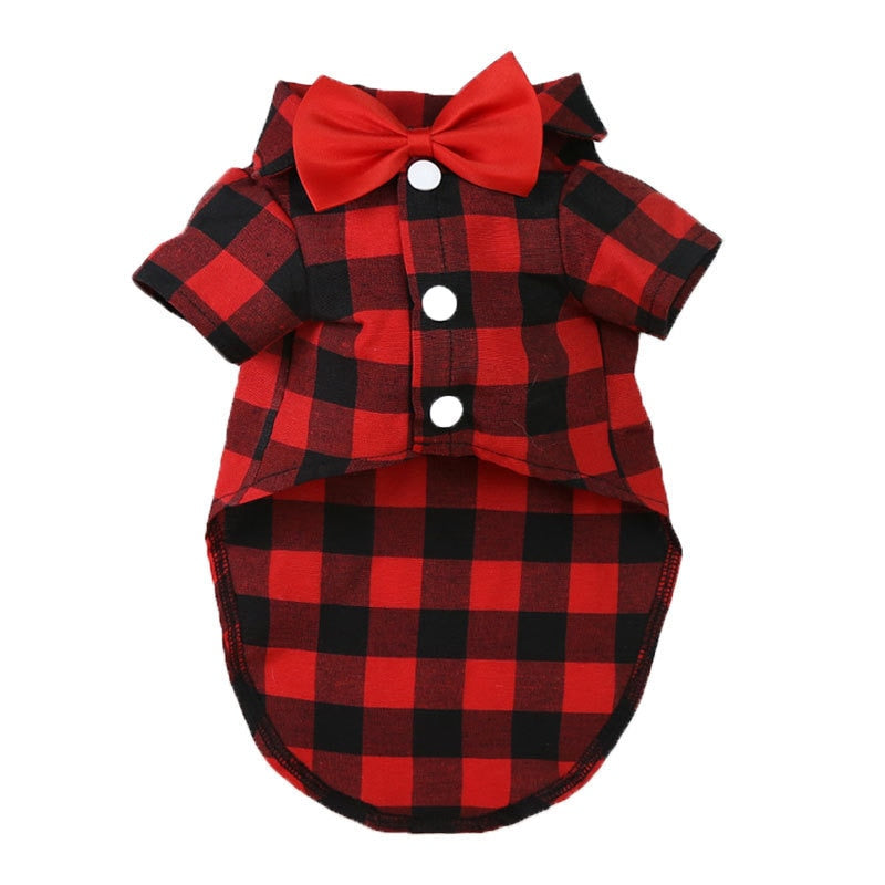 Bowtie Dog T-Shirts Classical Plaid Thin Breathable Summer Vest.