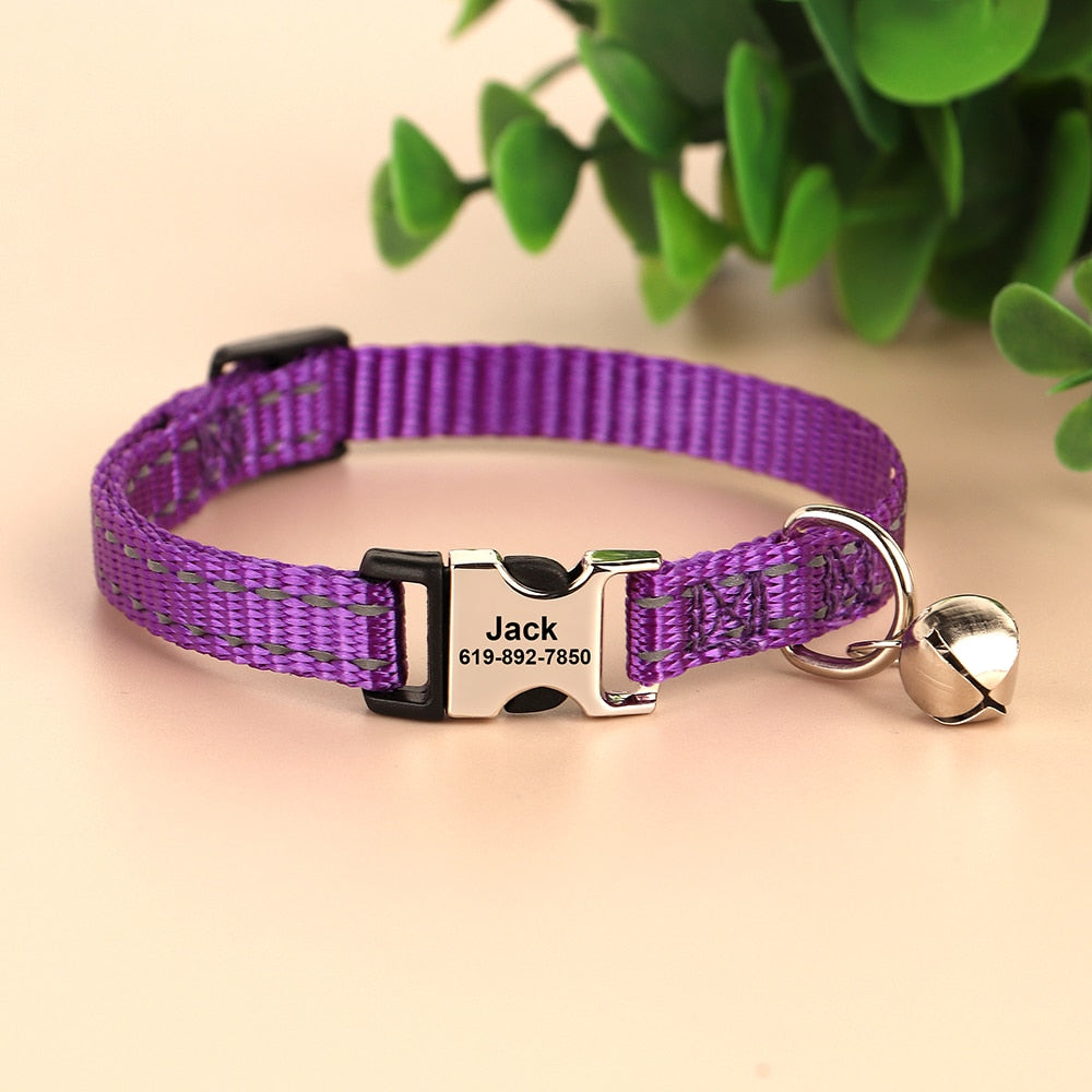 Silver personalized Cat or Dog Collar Nylon ID Collars with Bell and Free Engraving