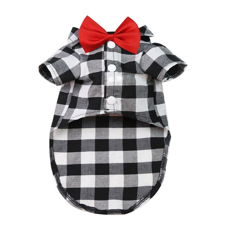 Bowtie Dog T-Shirts Classical Plaid Thin Breathable Summer Vest.