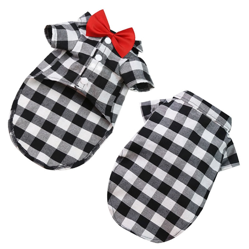 Bowtie Dog T-Shirts Classical Plaid Thin Breathable Summer Vest.