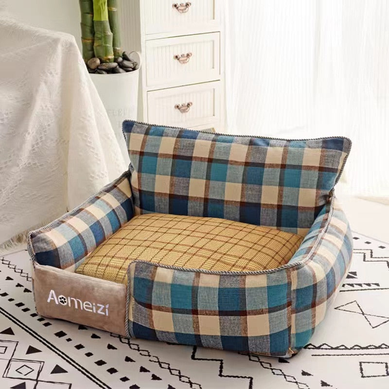 Square lattice pet bed with Detachable washable Double-sided cotton pad