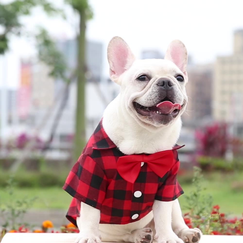 Bowtie Dog T-Shirts Classical Plaid Thin Breathable Summer Vest.