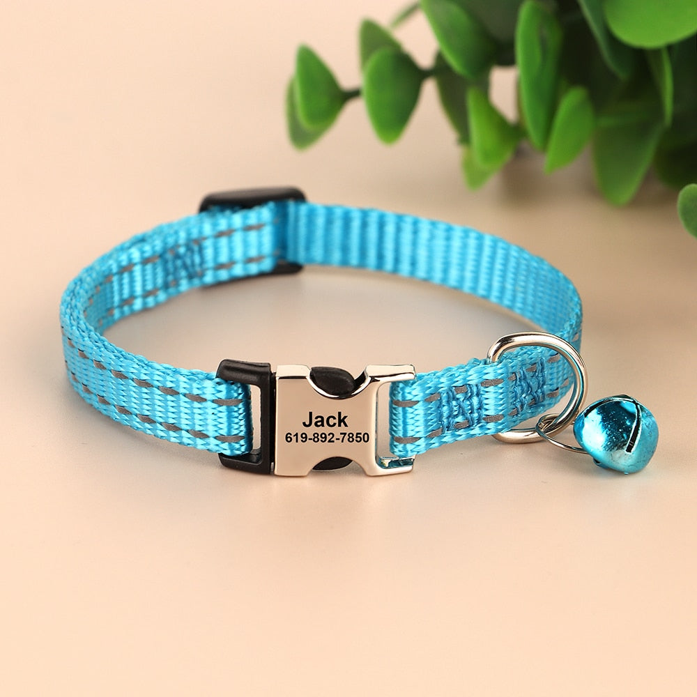 Silver personalized Cat or Dog Collar Nylon ID Collars with Bell and Free Engraving