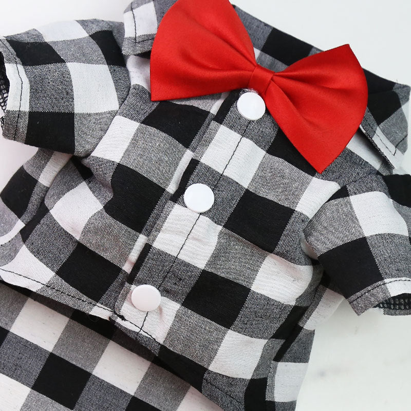 Bowtie Dog T-Shirts Classical Plaid Thin Breathable Summer Vest.