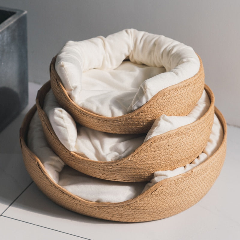 Handmade Bamboo Weaving Four Season Cozy Nest Basket that is Waterproof with a Removable Cushion for Cats and Dogs