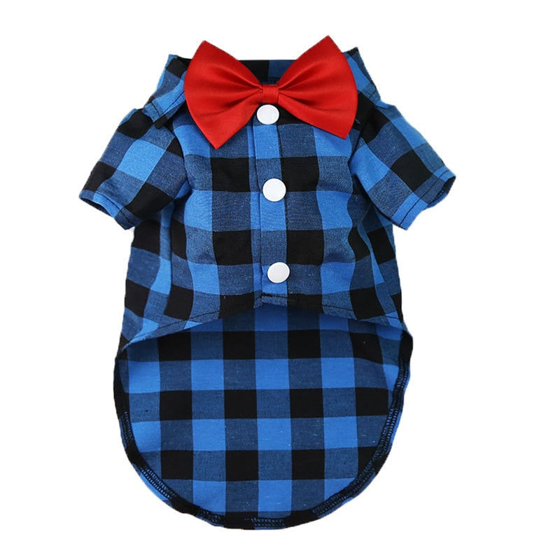 Bowtie Dog T-Shirts Classical Plaid Thin Breathable Summer Vest.