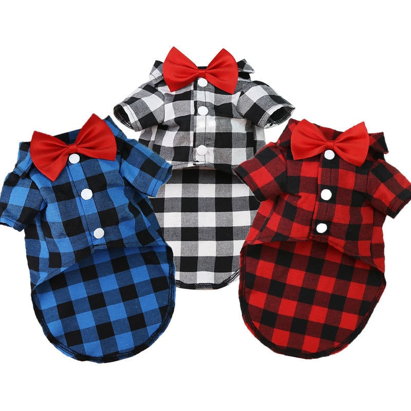 Bowtie Dog T-Shirts Classical Plaid Thin Breathable Summer Vest.